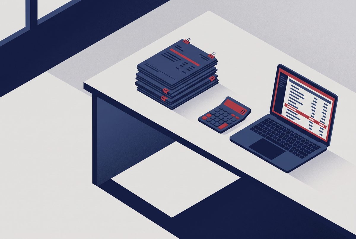 Editorial illustration of a desk with a stack of bank statements sorted by month, a calculator and a laptop showing a ledger.