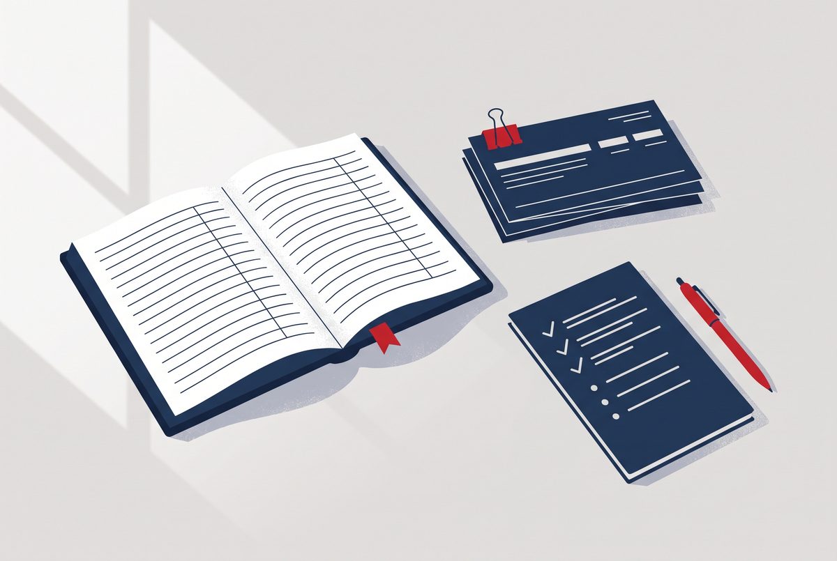 Editorial illustration of an open ledger, a short stack of bank statements and a notepad with a handwritten list of questions on a desk.
