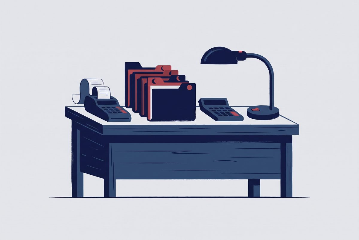Editorial illustration of a shop counter with a receipt roll, a folder of invoices labeled by month and a calculator.